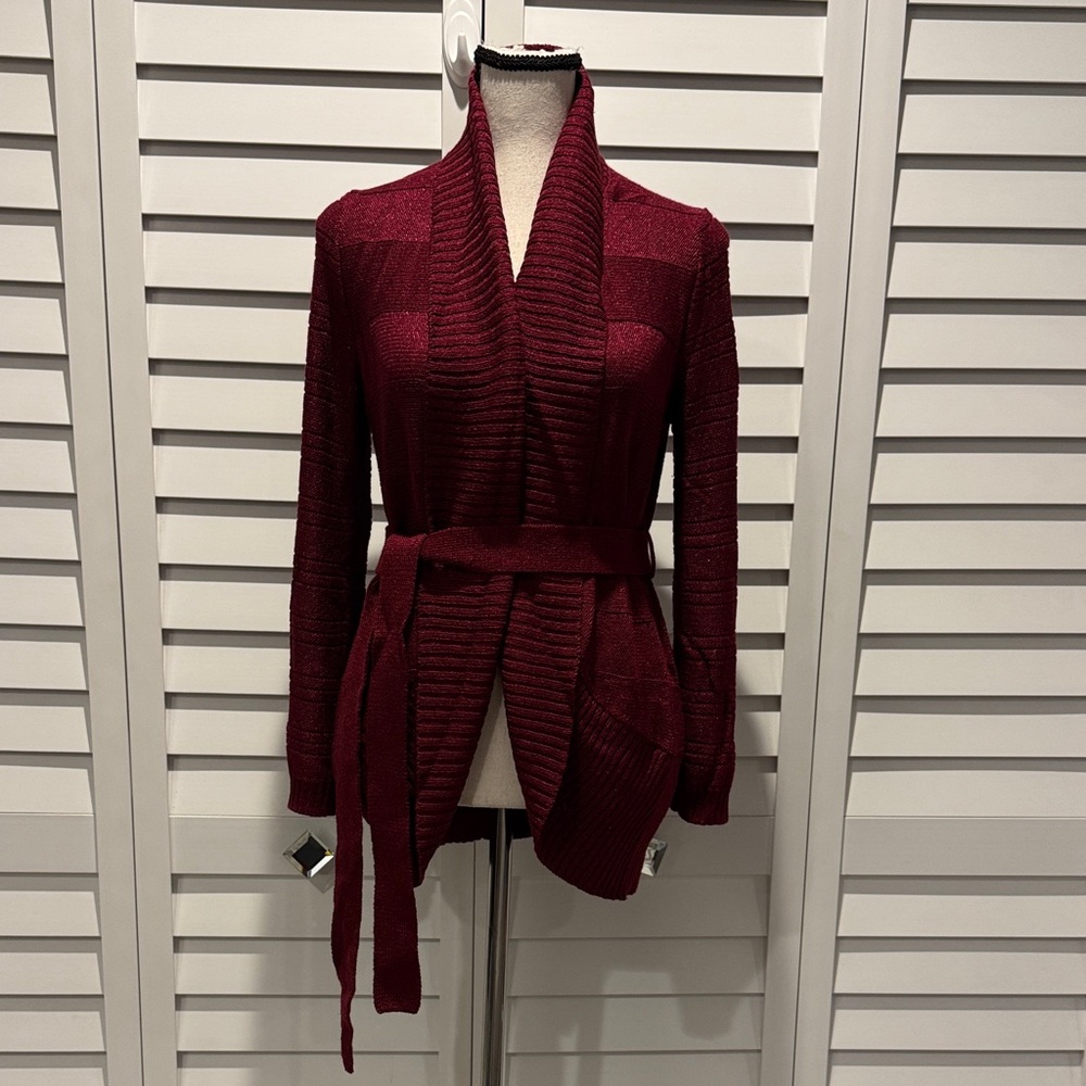 The Limited Burgundy Cardigan Sweater with belt, few small pulls. - Picture 1 of 11